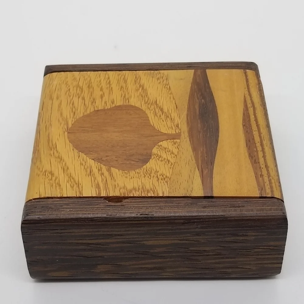wooden inlay trinket box with tree imagery made in Canada